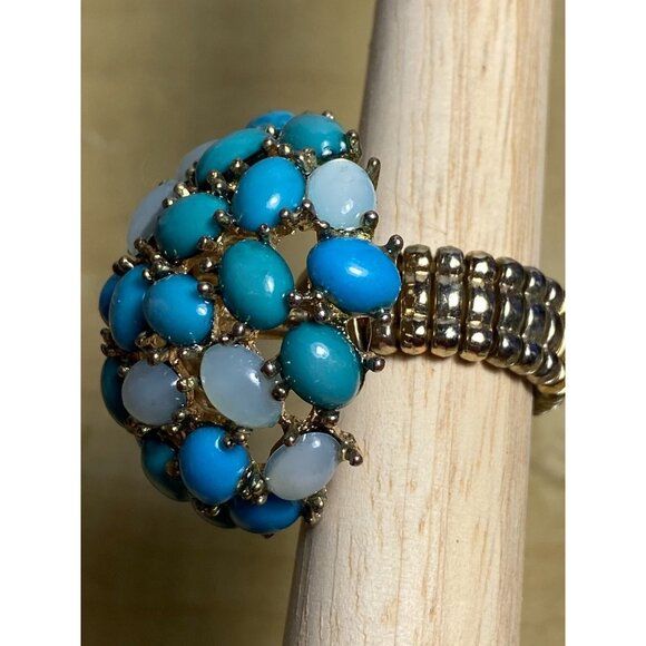 Vintage Turquoise & Moonstone Cluster Dome Cocktail Ring Gold Tone Adjustable - Picture 3 of 5